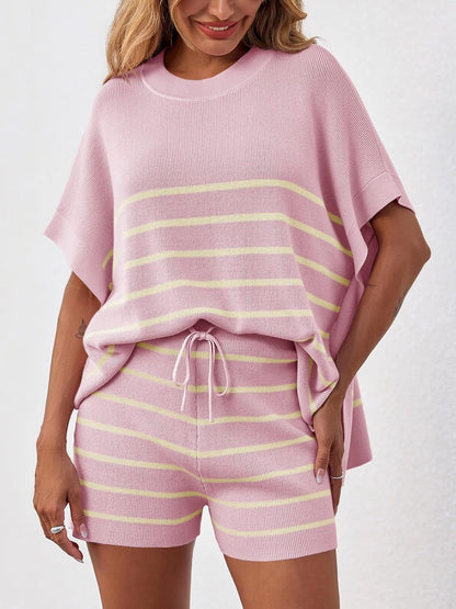 Women's Striped Two-Piece Oversized Batwing Sleeve Short Sleeve Top and Shorts Set