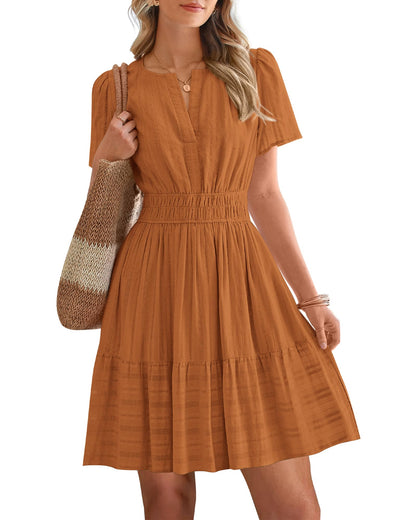 Women's Lightweight Short Sleeve V Neck Elastic Waist Mini Dress