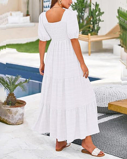 Women's Summer Puff Sleeve Loose Fit Midi Dress （BUY 2 FREE SHIPPING)