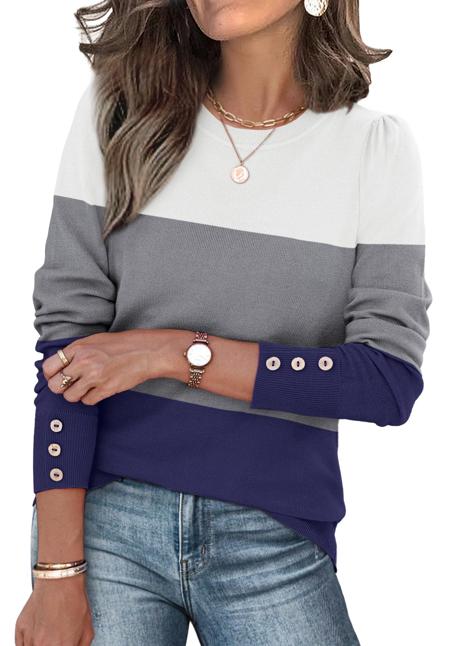 Long Sleeve Button Cuff Soft Knit Pullover Trendy Tops