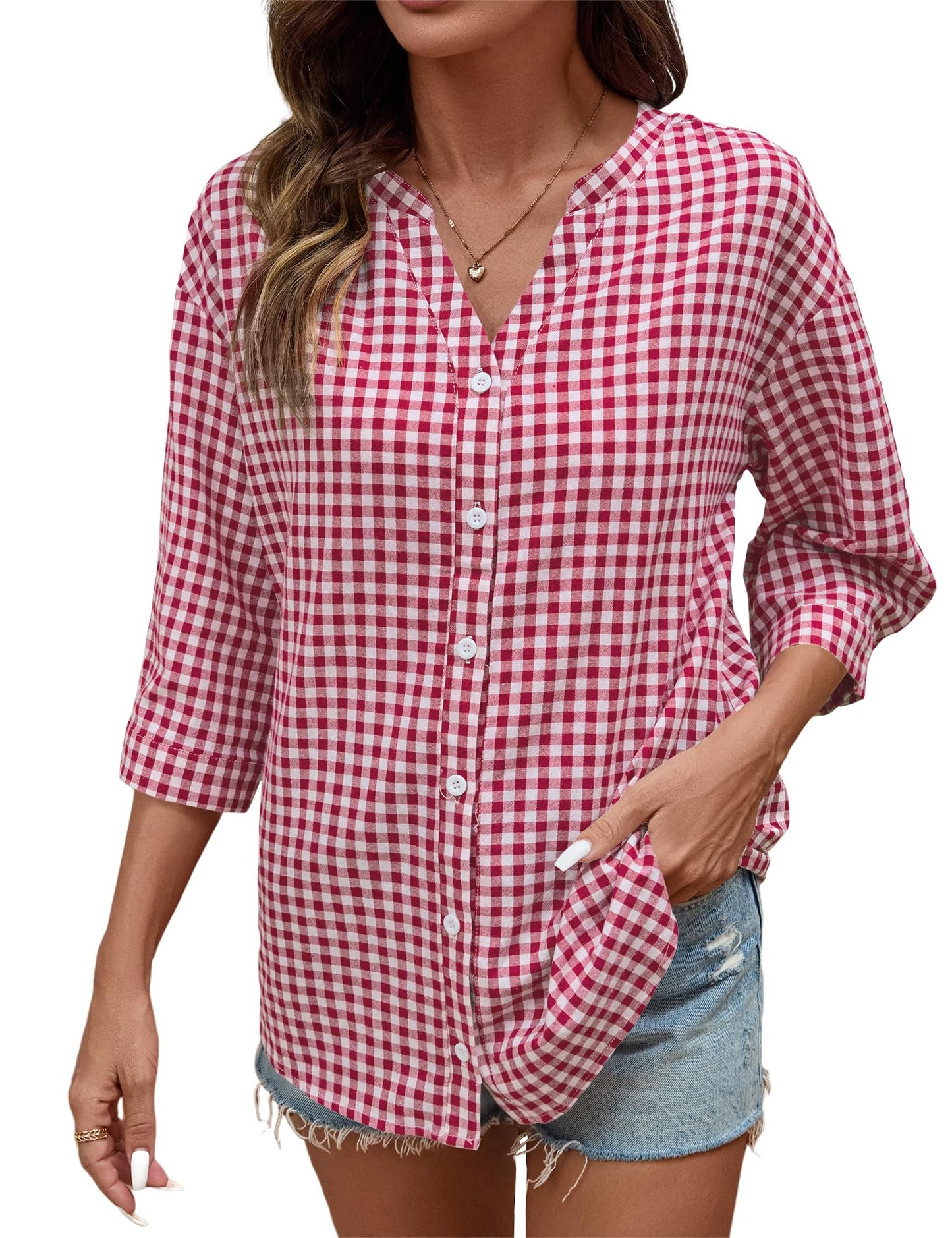 Women's Cotton 3/4 Sleeve Button Down Gingham Shirts