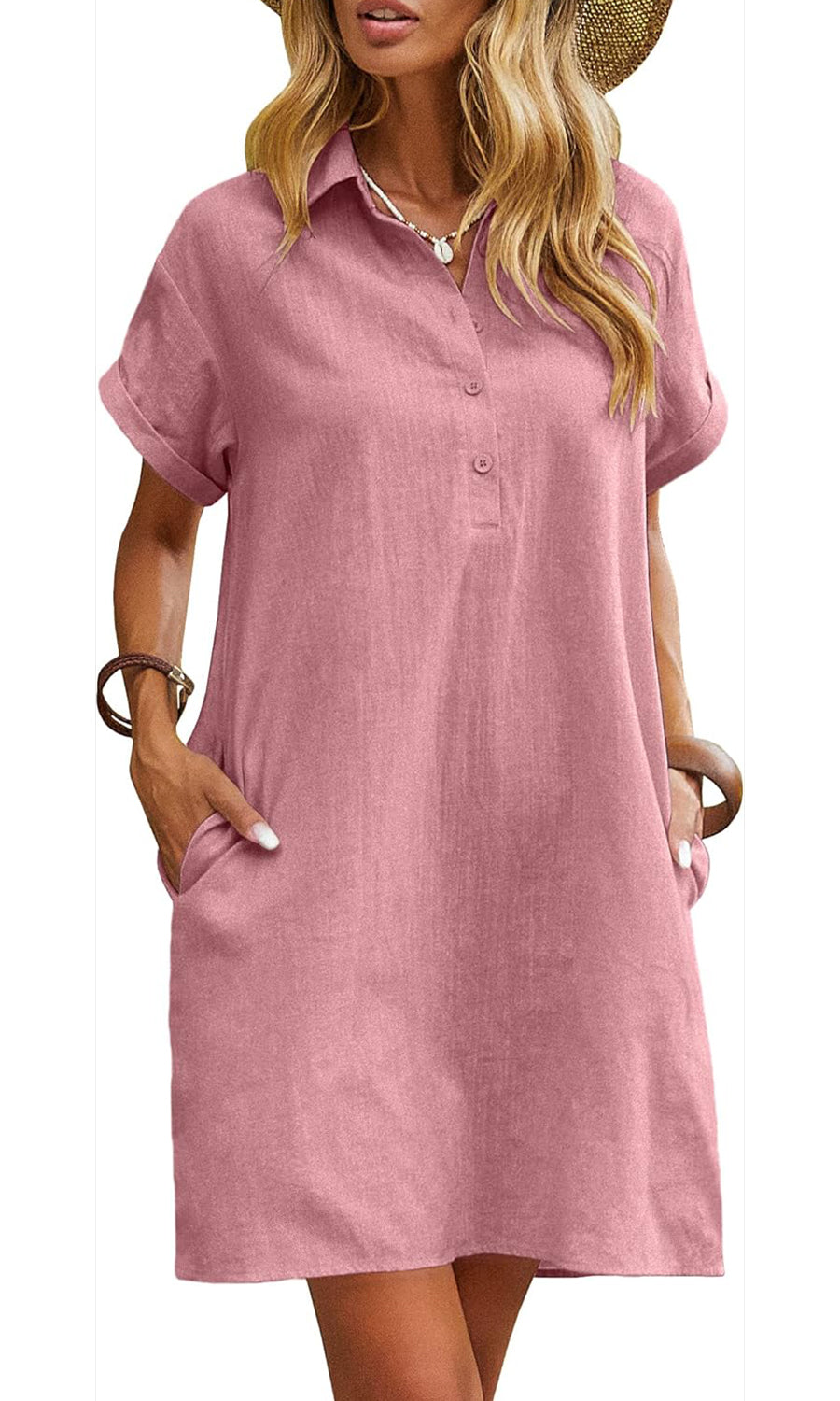 Women's Casual Short Sleeve Linen Dress With Pockets