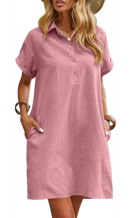 Women's Casual Short Sleeve Linen Dress With Pockets