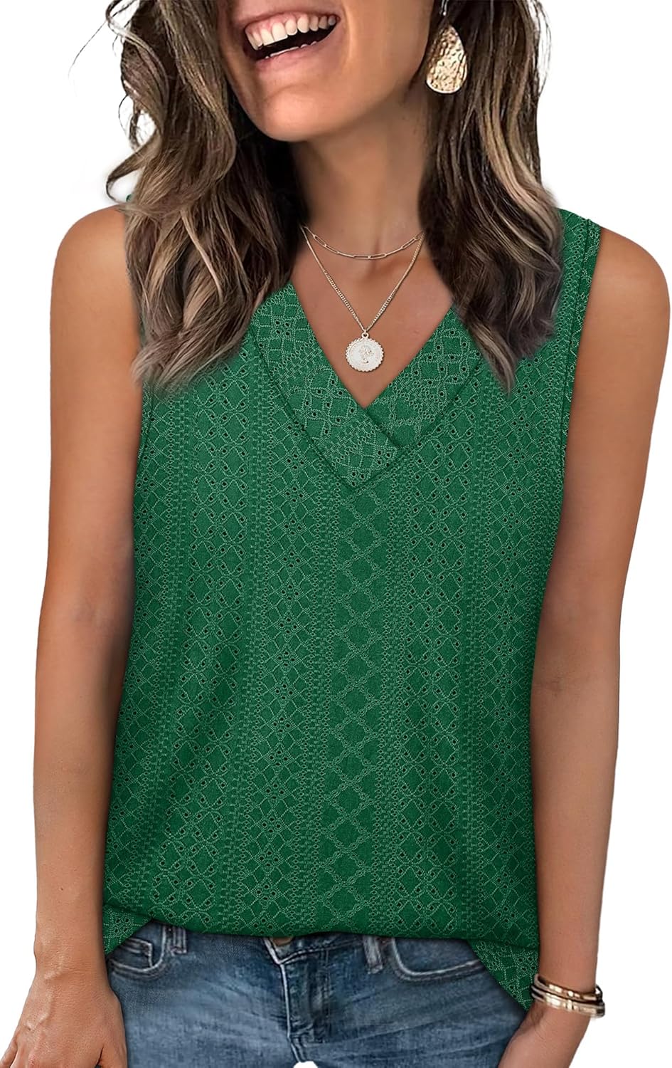 ✨Women Summer Outfits V Neck Tank Trendy Eyelet Sleeveless Basic T Shirts