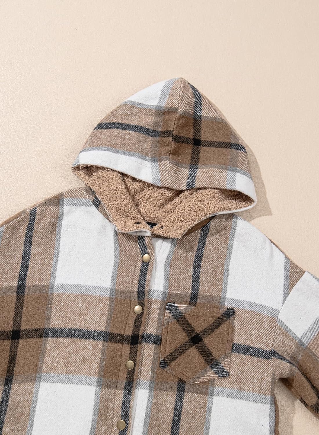 Women's Flannel Hooded Plaid Shacket Thick Coat Fuzzy Fleece Jacket