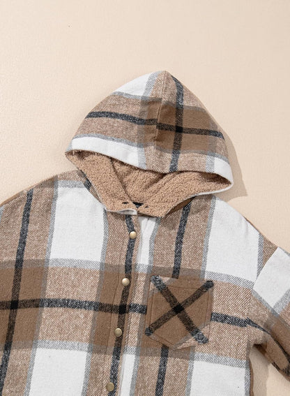 Women's Flannel Hooded Plaid Shacket Thick Coat Fuzzy Fleece Jacket