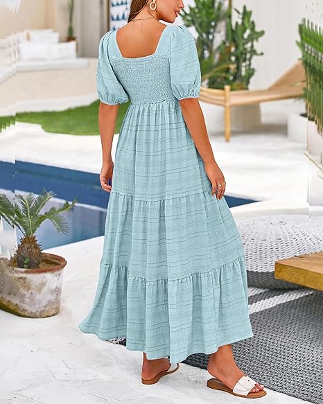 Women's Summer Puff Sleeve Loose Fit Midi Dress （BUY 2 FREE SHIPPING)