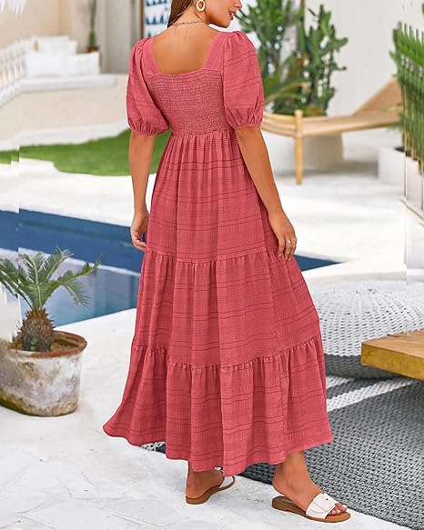 Women's Summer Puff Sleeve Loose Fit Midi Dress （BUY 2 FREE SHIPPING)