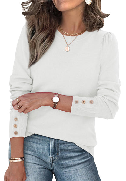 Long Sleeve Button Cuff Soft Knit Pullover Trendy Tops