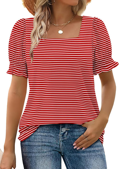 Limited time sale🔥Women's Square Neck  Smocked Sleeve T-Shirt Casual Top