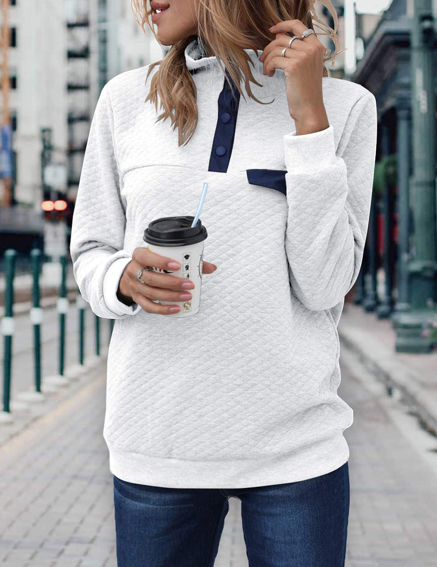 Women Fashion Quilted Pattern Lightweight Zipper Long Sleeve Plain Casual Ladies Sweatshirts