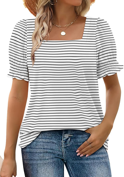 Limited time sale🔥Women's Square Neck  Smocked Sleeve T-Shirt Casual Top