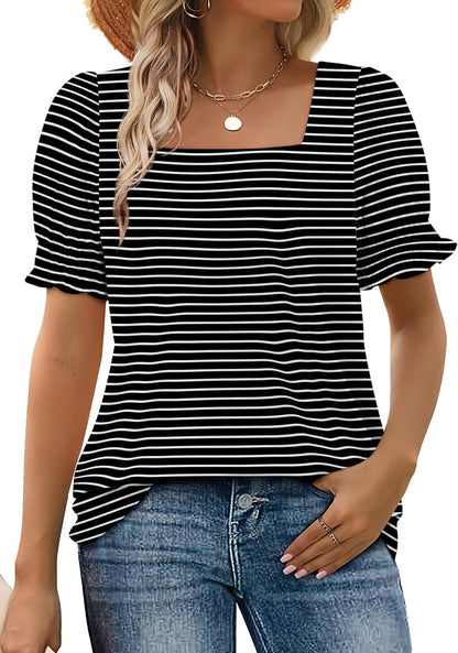 Limited time sale🔥Women's Square Neck  Smocked Sleeve T-Shirt Casual Top