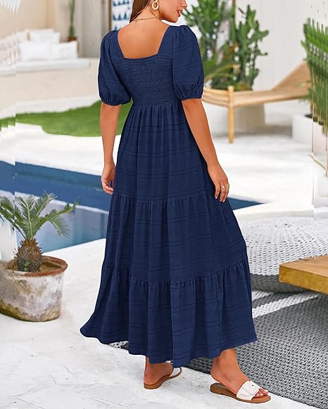 Women's Summer Puff Sleeve Loose Fit Midi Dress （BUY 2 FREE SHIPPING)