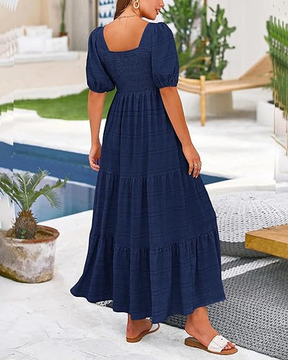 Women's Summer Puff Sleeve Loose Fit Midi Dress （BUY 2 FREE SHIPPING)