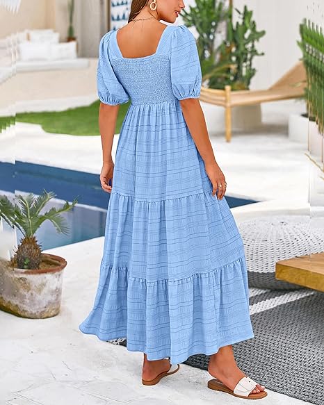 Women's Summer Puff Sleeve Loose Fit Midi Dress （BUY 2 FREE SHIPPING)