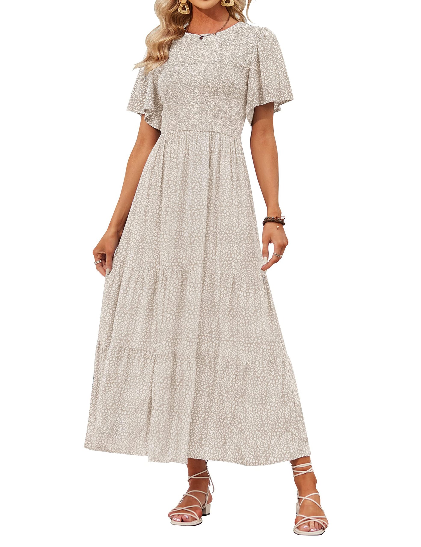 ✨Women's Casual Floral Print Short Flutter Sleeve Smocked High Waist Flowy Maxi Dress