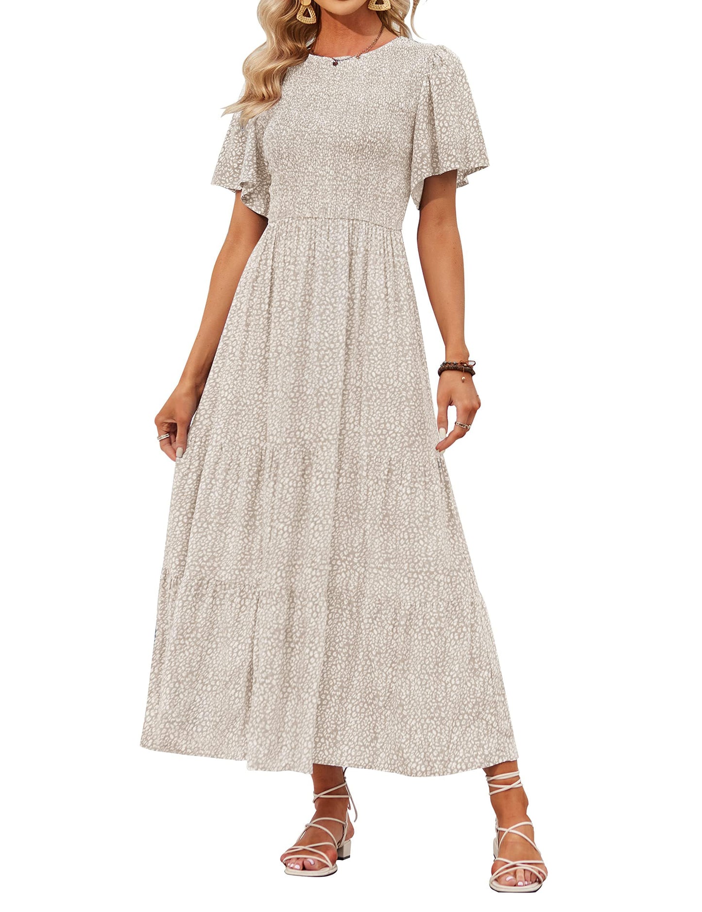 ✨Women's Casual Floral Print Short Flutter Sleeve Smocked High Waist Flowy Maxi Dress