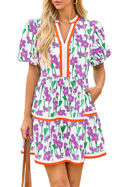 Limited time sale🔥Womens V Neck Floral Mini Dress Short Puff Sleeve Patchwork