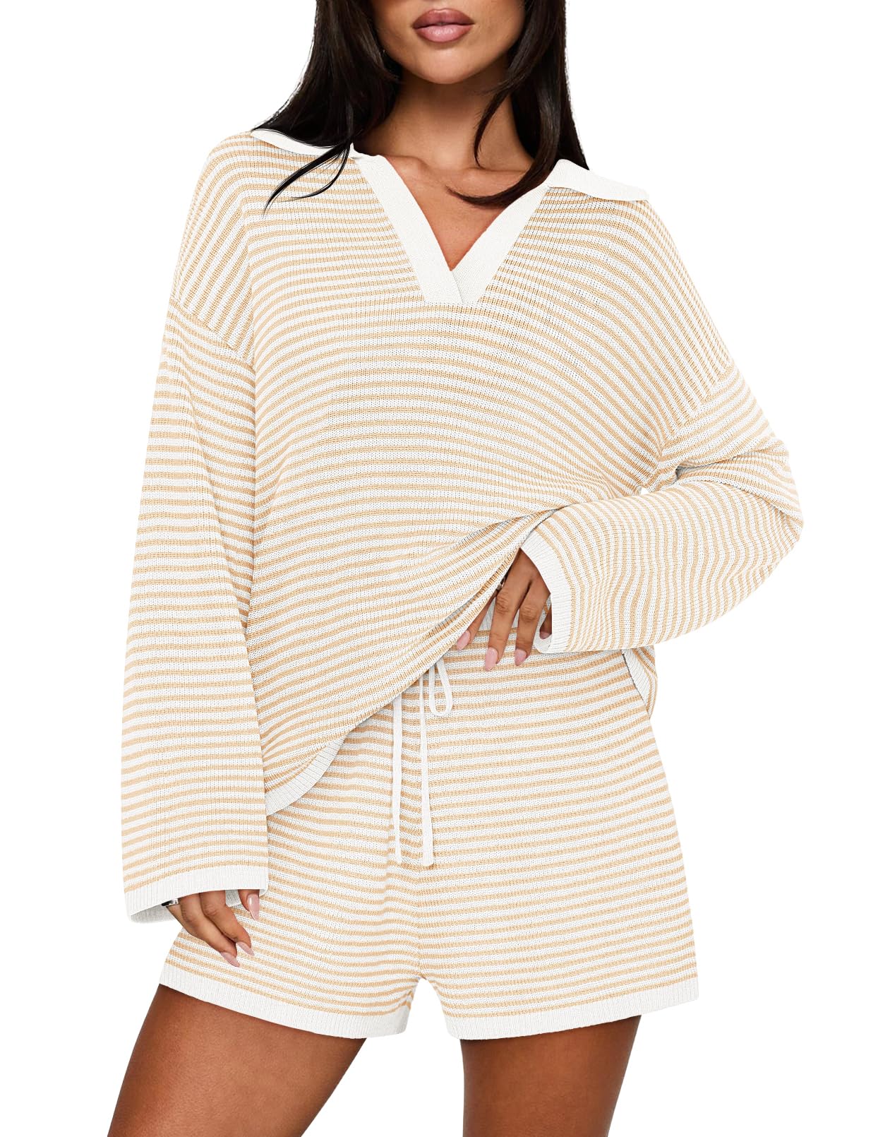 Casual Long Sleeve Striped Tops Shorts Matching Set