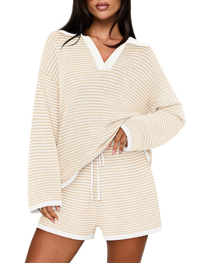 Casual Long Sleeve Striped Tops Shorts Matching Set