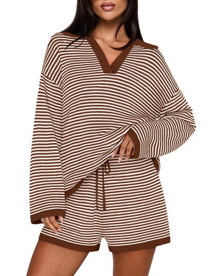 Casual Long Sleeve Striped Tops Shorts Matching Set