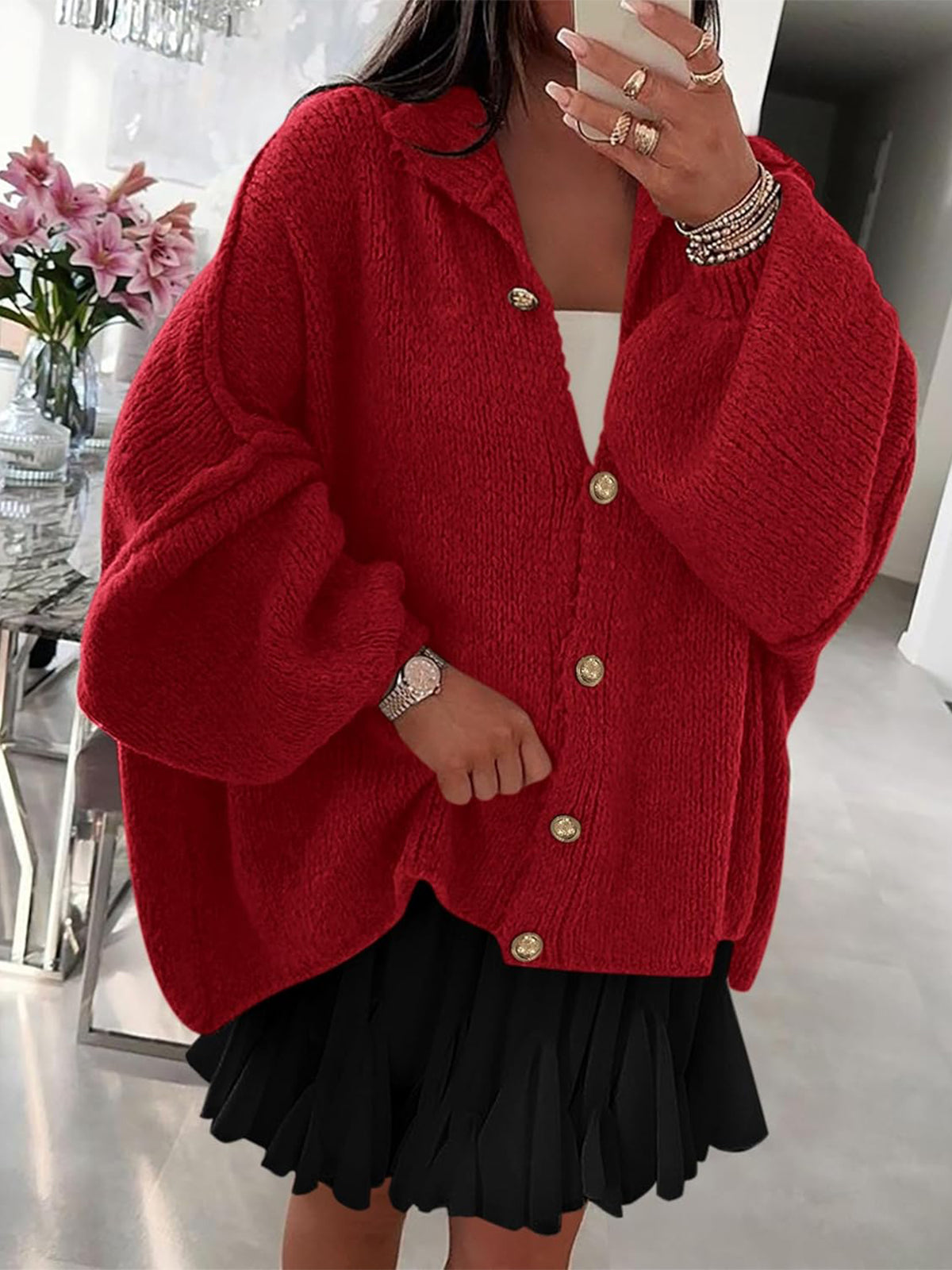 Women's Mock Neck Lantern Long Sleeve Button Down Cardigan Sweater