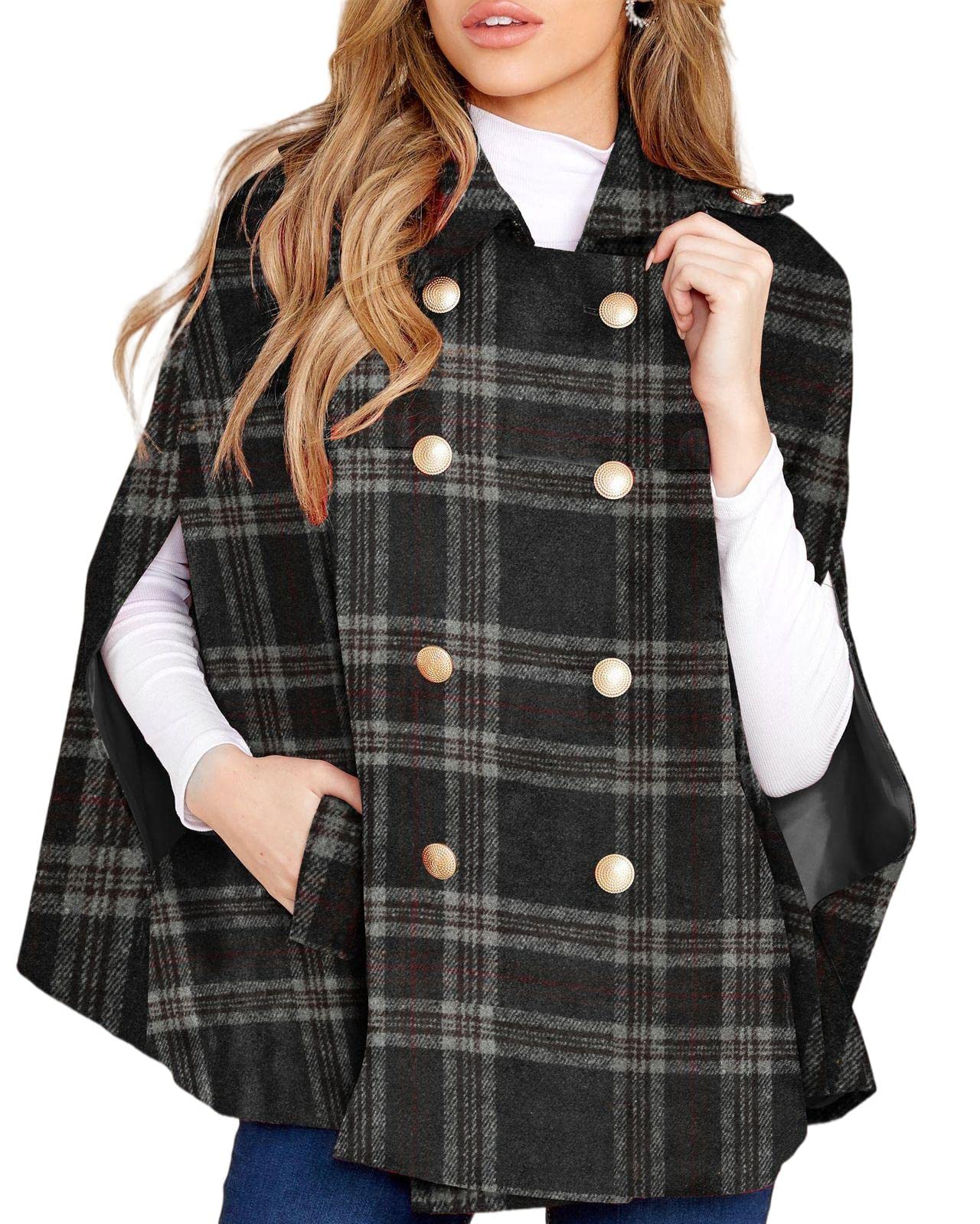 Women's Plaid Double Breasted Winter Cape Turn Down Poncho Coats