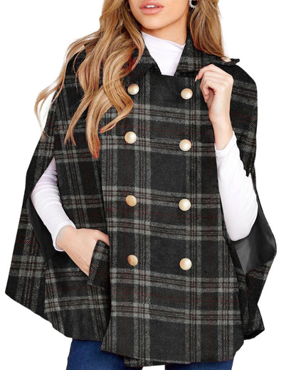 Women's Plaid Double Breasted Winter Cape Turn Down Poncho Coats