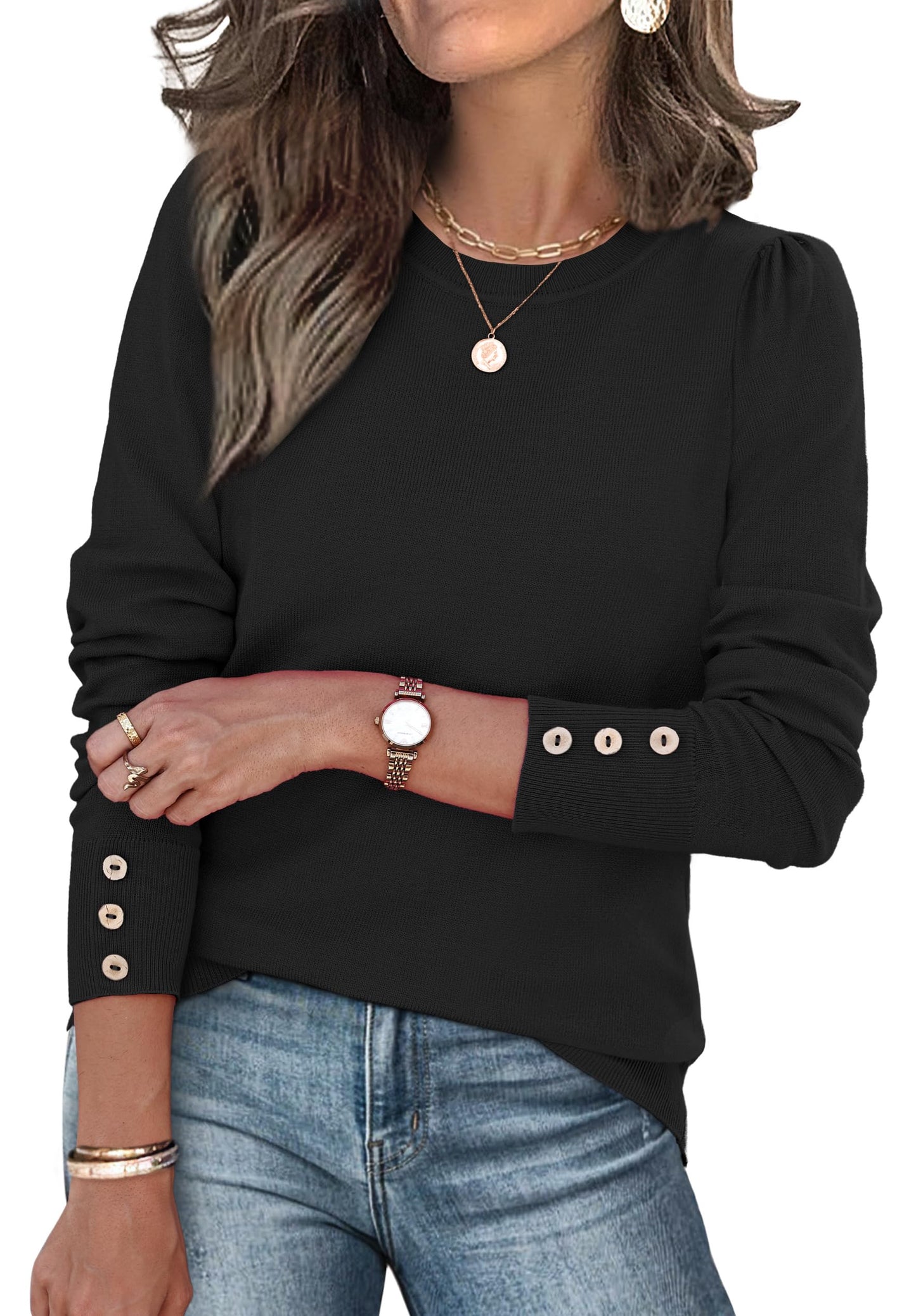 Long Sleeve Button Cuff Soft Knit Pullover Trendy Tops