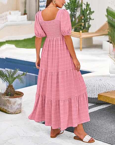 Women's Summer Puff Sleeve Loose Fit Midi Dress （BUY 2 FREE SHIPPING)