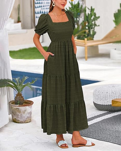 Women's Summer Puff Sleeve Loose Fit Midi Dress （BUY 2 FREE SHIPPING)