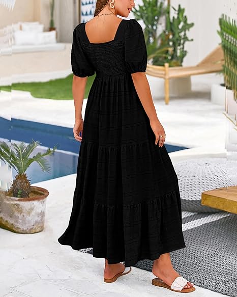 Women's Summer Puff Sleeve Loose Fit Midi Dress （BUY 2 FREE SHIPPING)