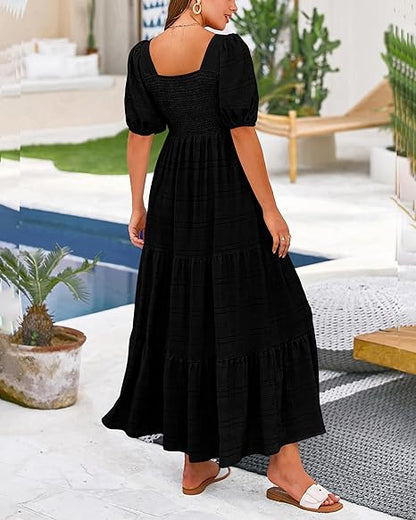 Women's Summer Puff Sleeve Loose Fit Midi Dress （BUY 2 FREE SHIPPING)