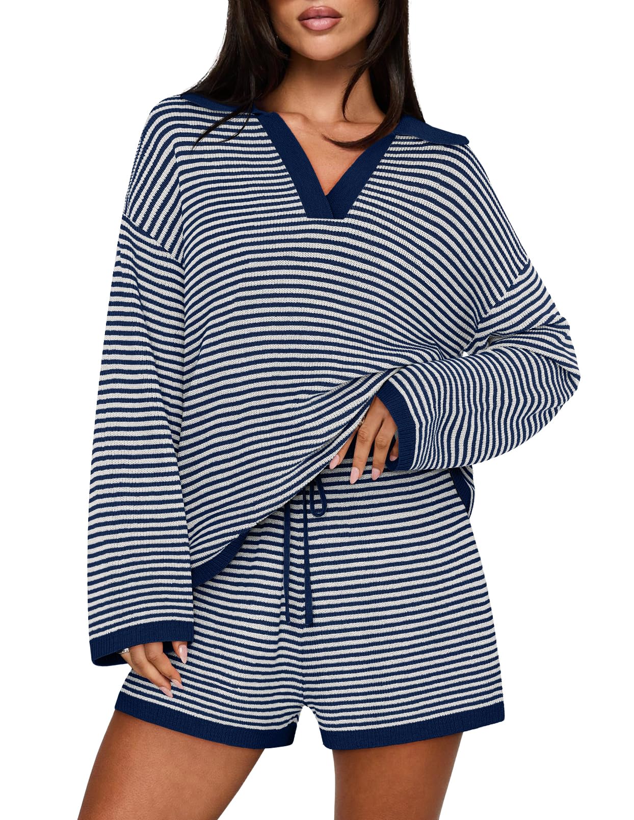 Casual Long Sleeve Striped Tops Shorts Matching Set