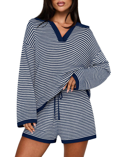 Casual Long Sleeve Striped Tops Shorts Matching Set