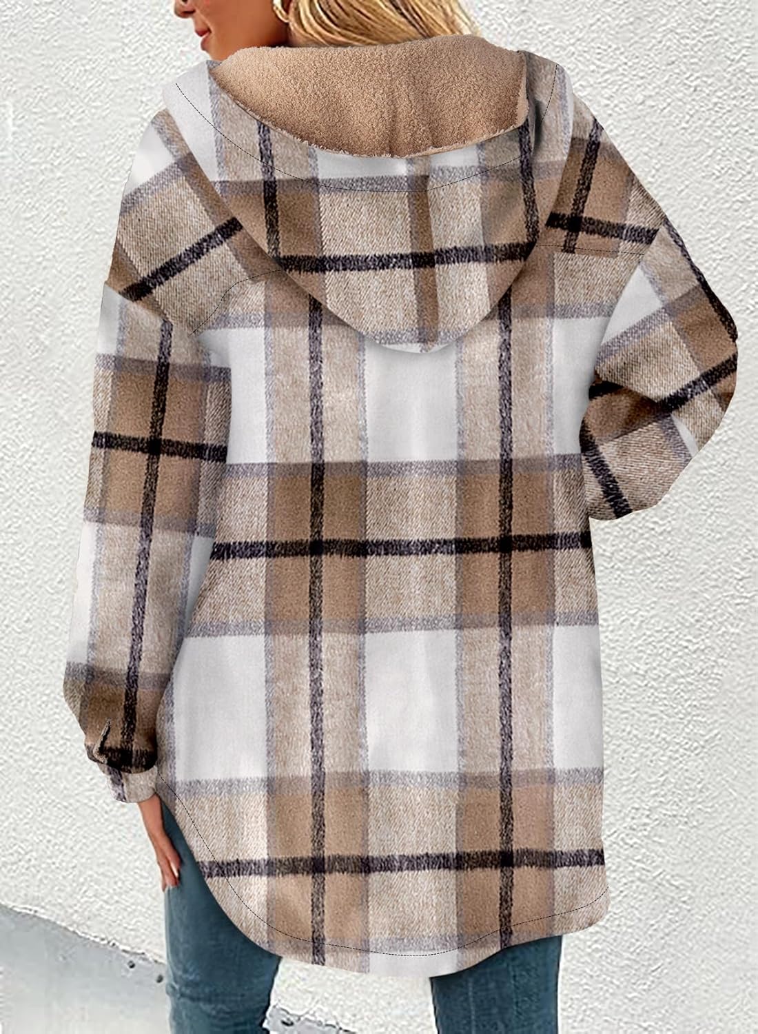 Women's Flannel Hooded Plaid Shacket Thick Coat Fuzzy Fleece Jacket
