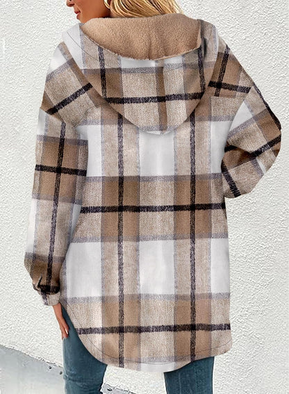 Women's Flannel Hooded Plaid Shacket Thick Coat Fuzzy Fleece Jacket