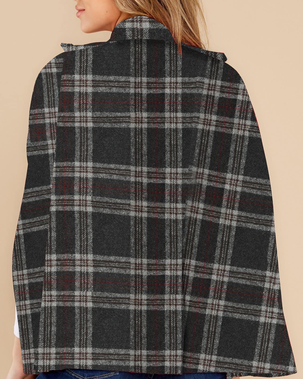 Women's Plaid Double Breasted Winter Cape Turn Down Poncho Coats