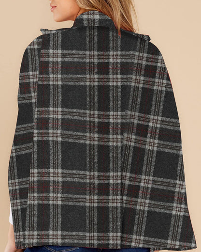 Women's Plaid Double Breasted Winter Cape Turn Down Poncho Coats