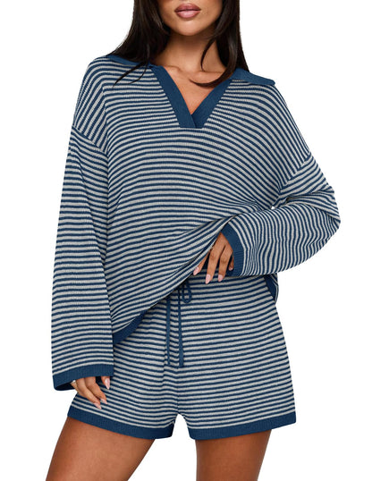 Casual Long Sleeve Striped Tops Shorts Matching Set