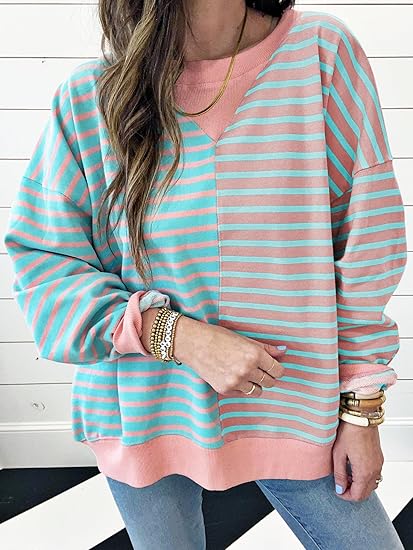 Hot Sale Womens Oversized Sweatshirts Striped Color Block Crewneck Sweatshirt
