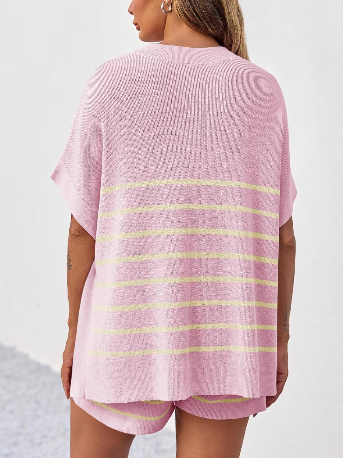 Women's Striped Two-Piece Oversized Batwing Sleeve Short Sleeve Top and Shorts Set