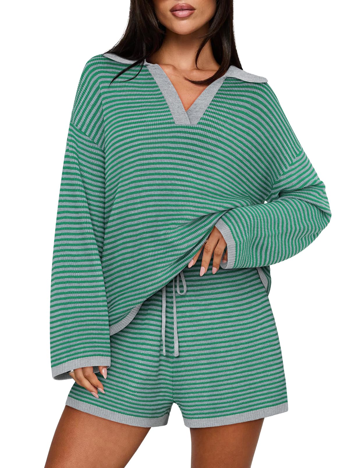 Casual Long Sleeve Striped Tops Shorts Matching Set