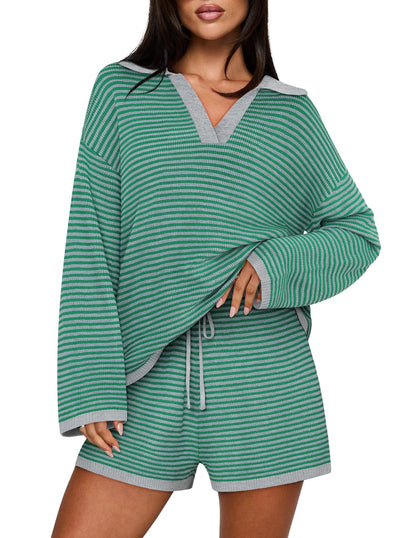 Casual Long Sleeve Striped Tops Shorts Matching Set