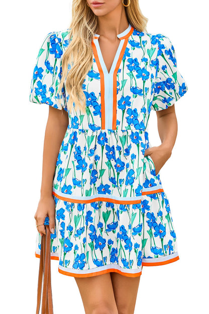 Limited time sale🔥Womens V Neck Floral Mini Dress Short Puff Sleeve Patchwork
