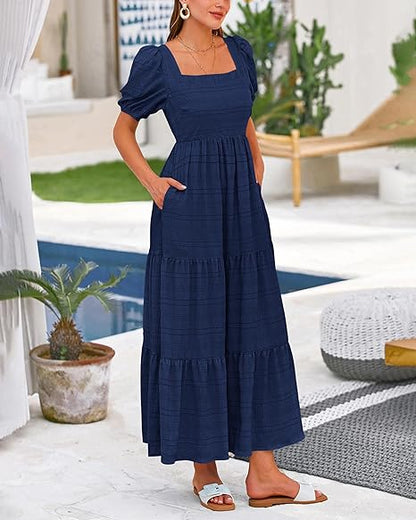 Women's Summer Puff Sleeve Loose Fit Midi Dress （BUY 2 FREE SHIPPING)