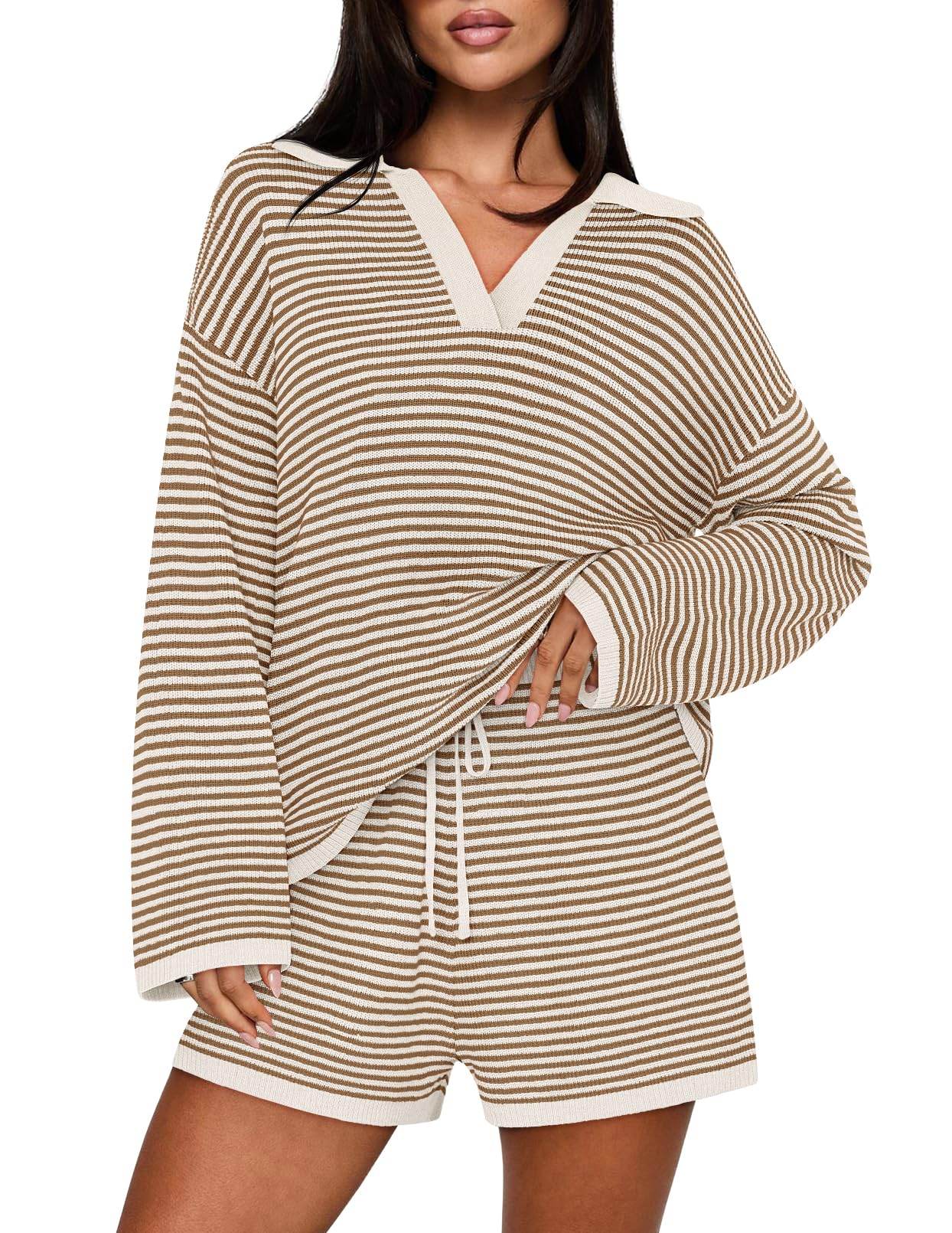 Casual Long Sleeve Striped Tops Shorts Matching Set