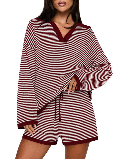 Casual Long Sleeve Striped Tops Shorts Matching Set