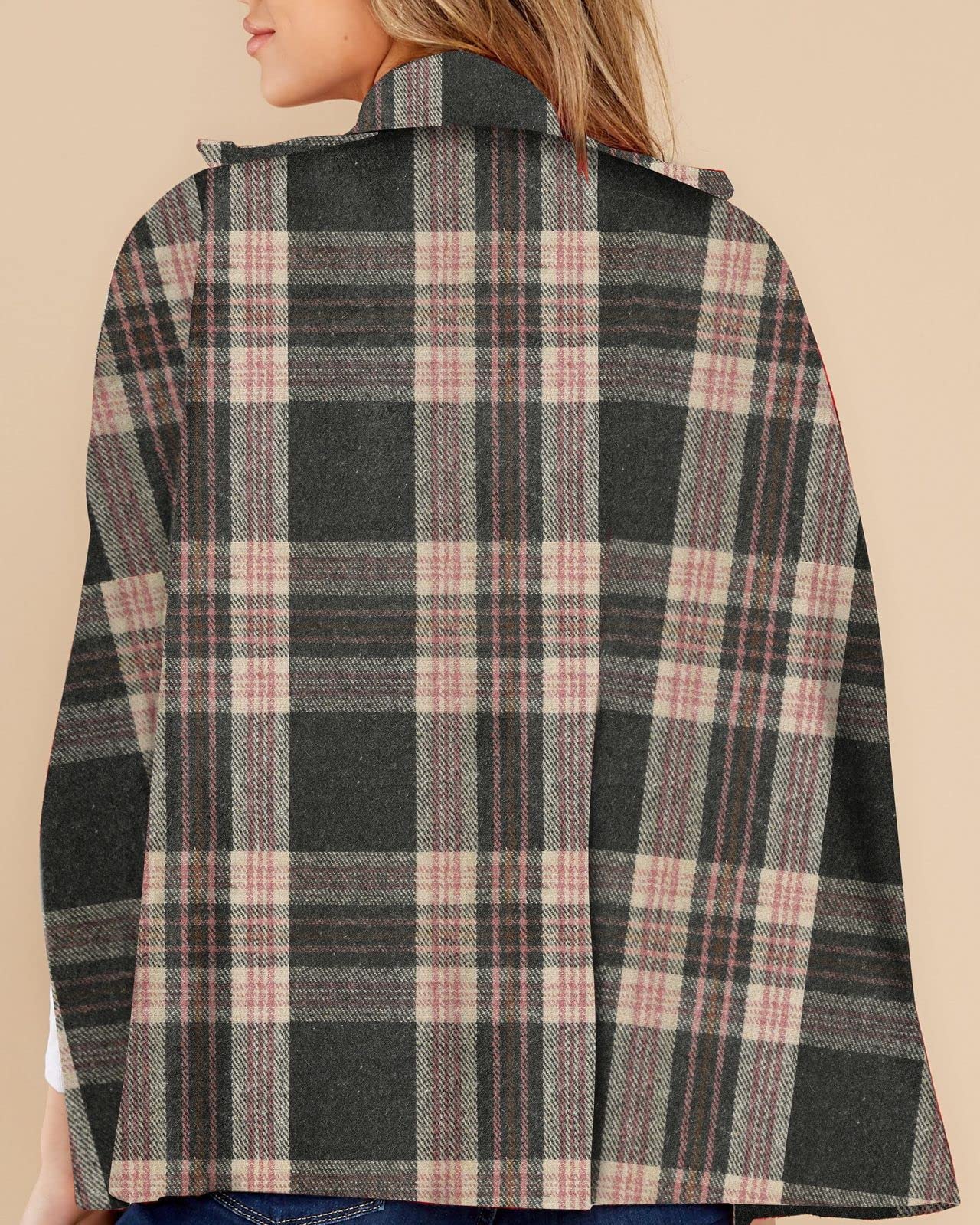 Women's Plaid Double Breasted Winter Cape Turn Down Poncho Coats